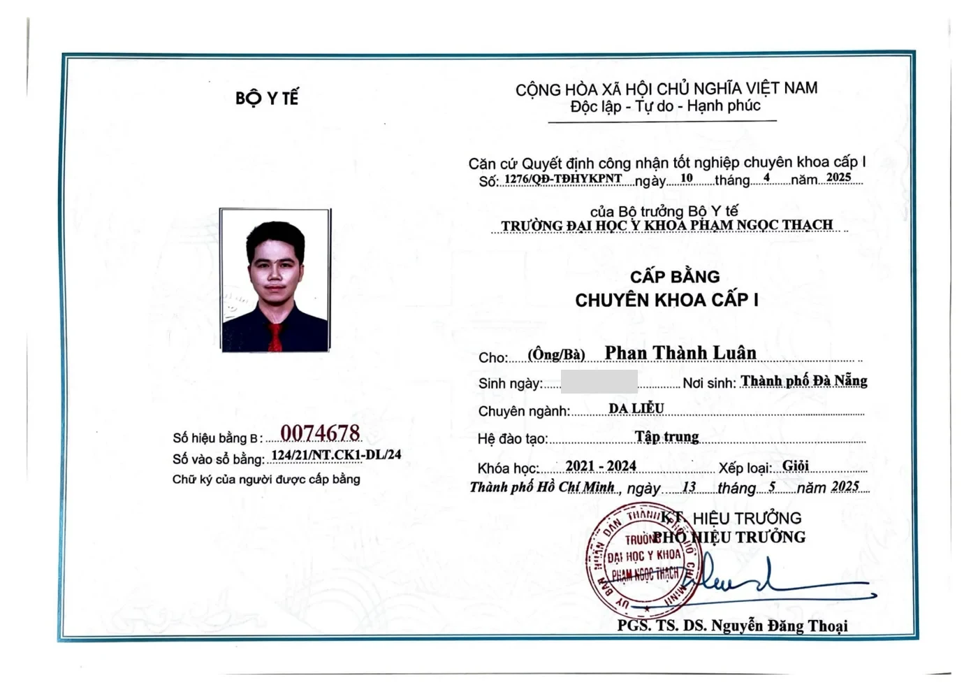 Bằng Chuyên khoa cấp I Da liễu — loại Giỏi — BS. Phan Thành Luân