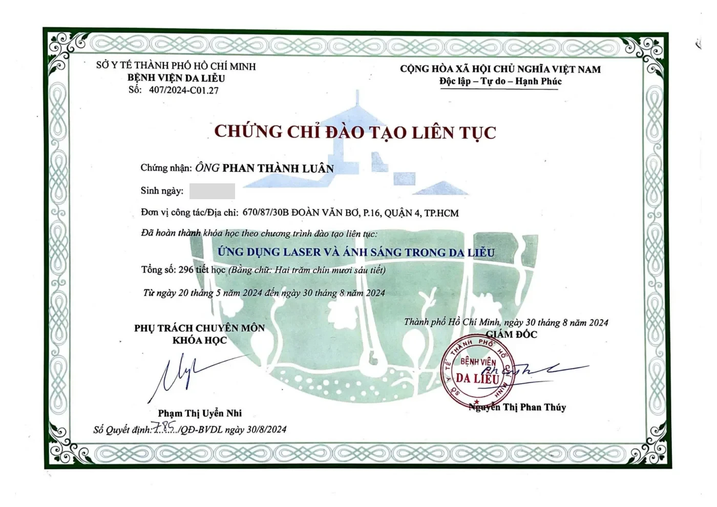 Ứng dụng Laser và Ánh sáng trong Da liễu (296 tiết) — BS. Phan Thành Luân