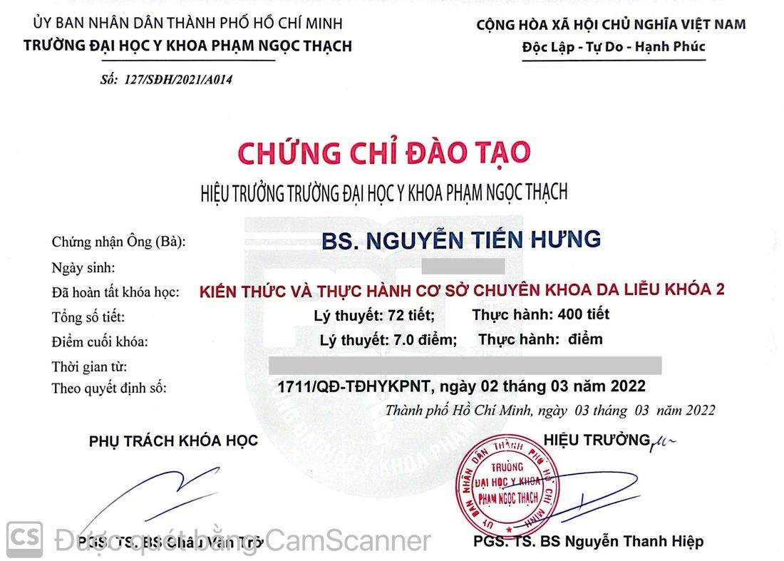 Chứng chỉ đào tạo chuyên khoa Da liễu khóa 2 — ĐH Y khoa Phạm Ngọc Thạch